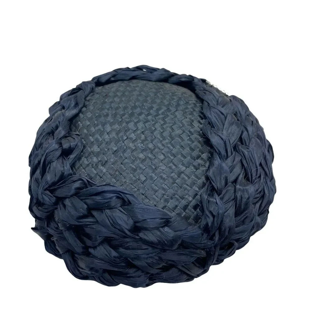Straw Hat Vintage 60s Womens Navy Blue Fitted Classic with Rhinestone Details - Picture 3 of 15